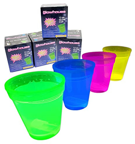 Glow Cups Pack of 4 Party Drinking Glow In The Dark Beaker Green Blue Pink Yellow Press to Activate