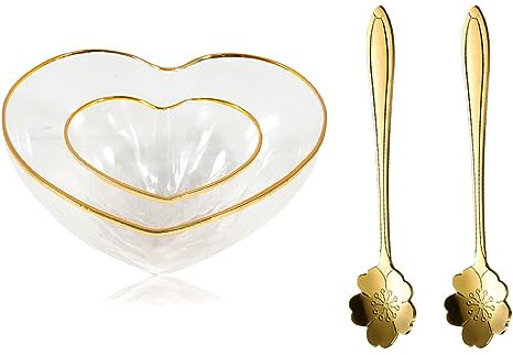 Soulnioi Glaskristallschale in Herzform, Servierschüssel, transparente Salatschüssel, Phnom Penh Schüssel mit Sakura-Kaffeelöffel für Obst, Salat, Dessert, Eis – 2 Stück