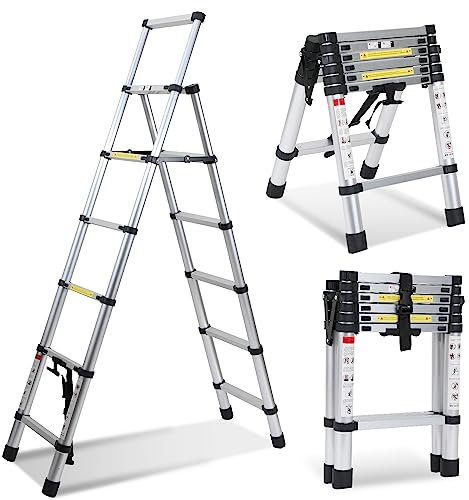 Gimisgu Teleskopleiter Klapptrittleiter 1,7m+2m Aluminium Stehleiter Stabil Ausziehbar Leiter Anti-Rutsch Stufenleiter für Hochklettern Büro Loft 150kg Belastbarkeit