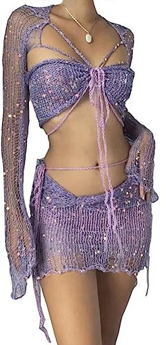 ORANDESIGNE Gonna Set in Maglia di Donne in Paillettes 2 Pezzi Scintillanti Scava Fuori Manica Lunga Crop Top Mini Gonna Abiti Sexy Y2K Gonna Copricostume da Spiaggia A Viola L
