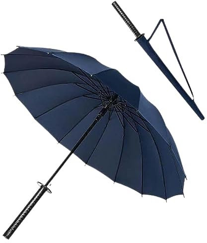 WPOYM Samurai-Regenschirm, kreativ, halbautomatisch, Samurai-Regenschirm, winddicht, Outdoor-Regenschirm, Sonnenschutz, schwarz. Das beste kreative Geschenk., Blau 16 Knochen, Einheitsgröße