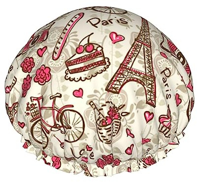 Paris Vintage Pattern Shower Cap & Bath Cap For Women,Reversible Oversized Waterproof Shower Caps Large Designed For All Hair Lengths,Elastic Reusable Bathing Hair Cap