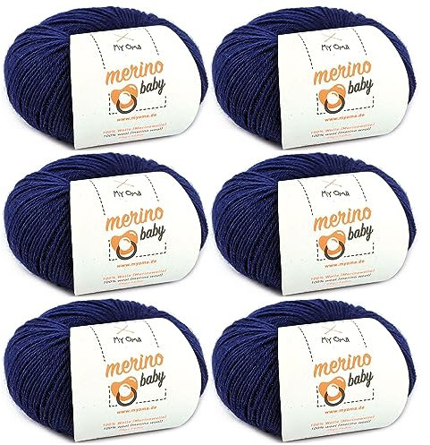 Babywolle zum Stricken weich - Merino Baby marine (Fb 6055) - 6 Knäuel Babywolle blau + GRATIS Label - Baby Wolle stricken - 25g/140m - Nadelstärke 2,5-3mm - 100% Merinowolle Baby - Babywolle blau