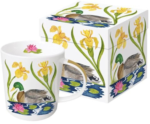 PPD Kaffeebecher Stockente mit Geschenkbox, Tasse Tiere Blumen, 350 ml, Porzellan, Zylindrisch, Spülmaschinenfest und mikrowellengeeignet, 1 Stück, Zuhause, Kaffeebecher