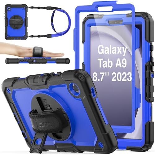 SEYMAC stock Funda para Samsung Galaxy Tab A9 8,7'' 2023, Carcasa Rugosa con Protector de Pantalla, Portalápices, Soporte Giratorio/Correa de Mano, Funda Resistente para Samsung Tab A9, Azul