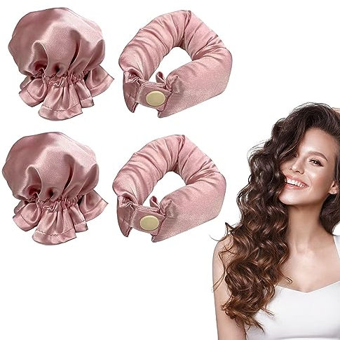 Locken Ohne Hitze, Heatless Curls Band, Lockenwickler Über Nacht mit Haarkappen, Satin Heatless Hair Curler Set of 4 Hair Roller(rosa)