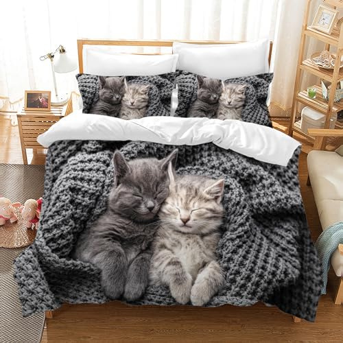 MIQEBX Nettes Katze Bettwäsche Set für Mädchen Jungen Kinder 3D Katze Mikrofaser Bettbezug Set Lustige tierbedruckte Betten Set Kinderzimmer Dekor (Schwarz, 135x200cm)