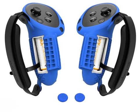 SoJumpvr Upgraded Controller Grips Cover Compatible with Meta/Oculus Quest 3 Accessories, Silicone Hand Grip Protector with Battery Opening Cover and Knuckle Straps with Sponge (Blue)