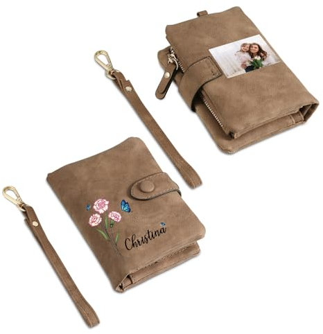 Portefeuille Femme avec Photo Gravée Nom Personnalisé Porte-Monnaie Cuir Nom de Naissance Fleur Portefeuille Cadeau pour Maman Fête des mères Noël Anniversaire (Marron)