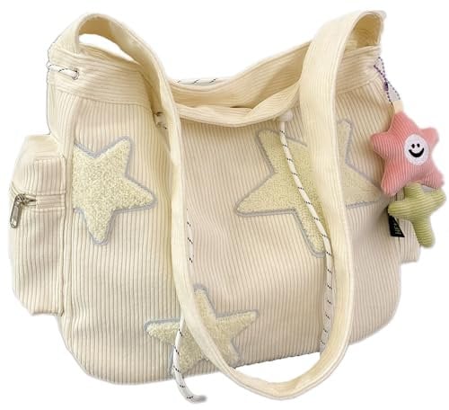 Makukke Cord Damen Umhängetasche, Cute Tote Bag Groß Crossbody Bag Shopper Schultertasche für Schule Büro Arbeit Reisen Ausflug Einkauf,Beige Tasche