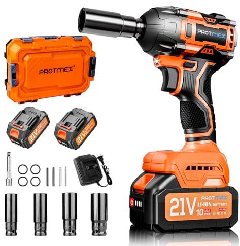 Protmex Avvitatore a Impulsi Senza Filo, 700 Nm di Coppia Massima, Chiave a Percussione 1/2 ad Alta Potenza con 2 Batterie da 2 x 4,0 Ah e Caricabatterie, Adatto per Uso Domestico e Auto.
