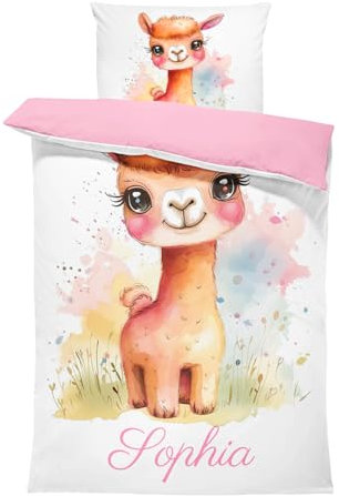 Pictogogo Süßes Lama-Design Kleinkindbettwäsche für Mädchen und Jungen mit Namen, Personalisiert, Wählbare Baumwollunterfarbe (Weiß, Rosa, Blau, Grau), Oeko-TEX, 100 x 135 cm