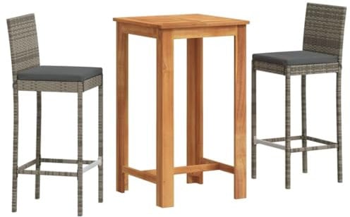 vidaXL Gartenbar Set 3-TLG., Bar Tresen Theke Bartisch Barhocker, Barset Sitzgruppe für Garten Terrasse, Gartentheke Gartenmöbel, Grau Massivholz Akazie Poly Rattan