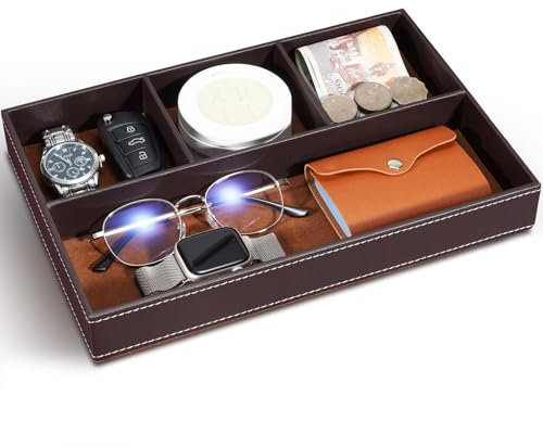 Yocisun Bandeja de Valet de Cuero, Bandeja de Almacenamiento Organizador de Escritorio Organizador de Mesita de Noche Accesorios para Hombres para Monedas, Billetera, Joyas, Llaves, Relojes (Marrón)