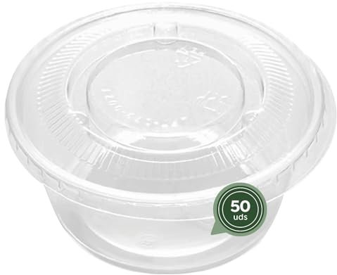MAXI PRODUCTS Lot de 50 saucières transparentes avec couvercle transparent, pots en plastique réutilisables avec couvercle pour sauces, 100 ml
