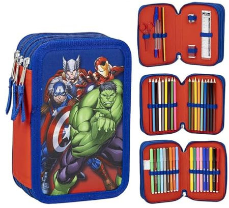 Cerda Estuche Escolar de los Vengadores con 1 lápiz HB, 2 bolígrafos, 1 Borrador, 1 sacapuntas, 1 Regla, 18 Colores de lápiz y 18 rotuladores Giotto, Rojo y Azul - Vengadores, 8 Count (Pack