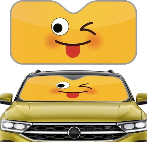 Parasol raca Coche Luna Delantera con Dibujos Animados Emoji, Protector Solar Plegable de Parabrisas protección Rayos UV Aislante del Calor. (Amarillo Carita Cara sacando la Lengua, 60x130cm)