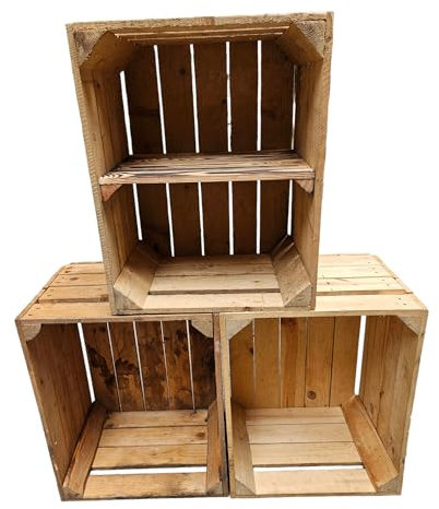 Teramico Vintage gebrauchten Holzkisten/Obstkisten/Weinkisten original aus dem Obstanbau mit Ablagefach geflammt 50 x 40 x 30cm (3er Set | 1 x Ablage Kurz)