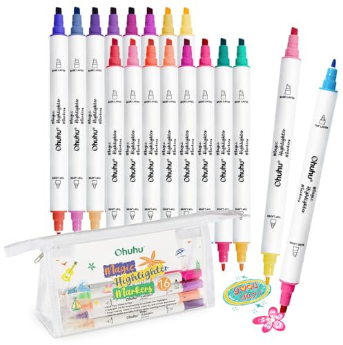 Ohuhu Marker Textmarker 16 Pack, 32 Farben Dual PenTextmarker auf Wasserbasis, Textmarker mit Doppelter Spitze für Journaling Büro Schulbedarf Bibel Notizen machen