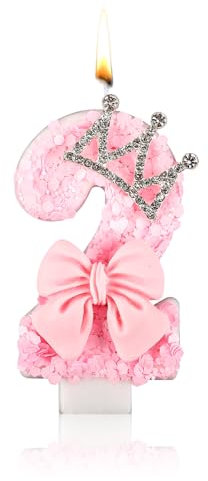 Number Candles, Pink Bowknot Candle Pink Birthday Candles for Girls Bow Crown Birthday Number Candles for Cake Birthday Decoration Party Wedding Anniversary (Number 2)