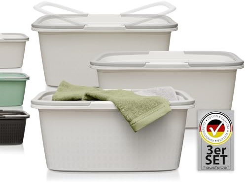 Hausfelder Wäschekorb Weiß 3er Set 35L, 58x37x25cm | Wäschekorb Weiß 3er Set 35L mit Henkel, 3 Stapelbare Wäschewannen Plastik 58x37x25cm, BPA-frei