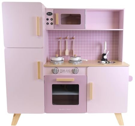 Bandits & Angels Holz-Kinderküche XL Modern Pink ab 3 Jahren – Thekenhöhe 52 cm – Inkl. 5 Zubehörteile - Für Mädchen - Kinderküche - Spielzeugküche - Rosa Spielküche