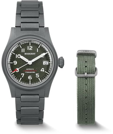 BODERRY Herren 38 mm Titanuhr, Automatik, Militär, Tag/Datumsfunktion, 100 m wasserdicht, Nylonband, japanische NH35 Bewegung, verschraubte Krone - LANDMASTER, grün-b, Armband