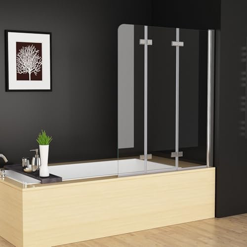 MEESALISA 100 x 140 cm Duschwand für Badewanne Dusche Duschabtrennung mit 3 Teilig Faltwand 6mm NANO Glas 360º Schwenkbar Klappbare Glaswand Duschtrennwand Badewannenfaltwand Duschtür