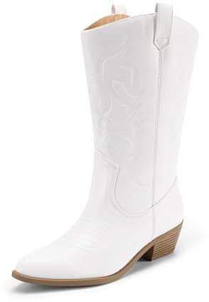 DREAM PAIRS Women's Cowboy Mid Calf Western Boots | Pointed toe, 1,77 heel, embroidery, PU+4mm latex insole, TPR outsole