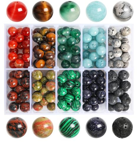 LeisuDay 170 Stück Natürliche Edelsteine ⌀ 10mm rund Perlen für Armbänder Halsketten Schmuck Basteln Auffädeln, 10 Sortierte Steinperlen Edelsteinperlen