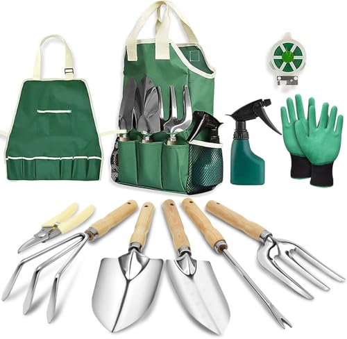 JNUYISW Set di Attrezzi da Giardino, 11 Pezzi Acciaio Inossidabile Set di Attrezzi da Giardinaggio con Manico in Legno Antiscivolo Kit Giardinaggio con Borsa per Attrezzi da Giardino per Uomo Donna