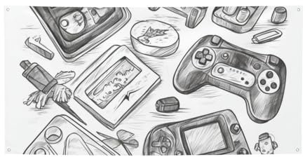 Monochrome Sketch Style Gaming Banner and Sign Personalized Custom Flag Printing for Indoor Outdoor Wall Decoration Backdrop with Grommets Photo Background Poster for Event Birthday Party