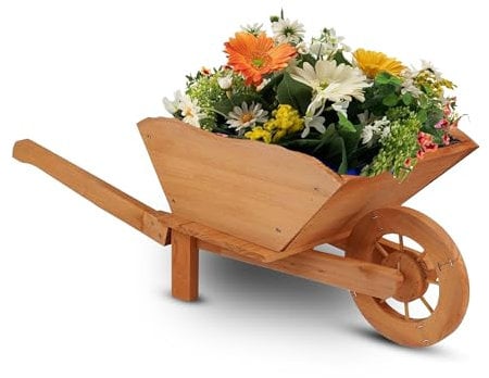 KHAPALWAK Large Wooden Wheelbarrow Planter – Rustic Outdoor Garden Display Trough for Flowers & Plants Raised Wooden Decorative Patio Planter for Yard Balcony or Landscaping Décor