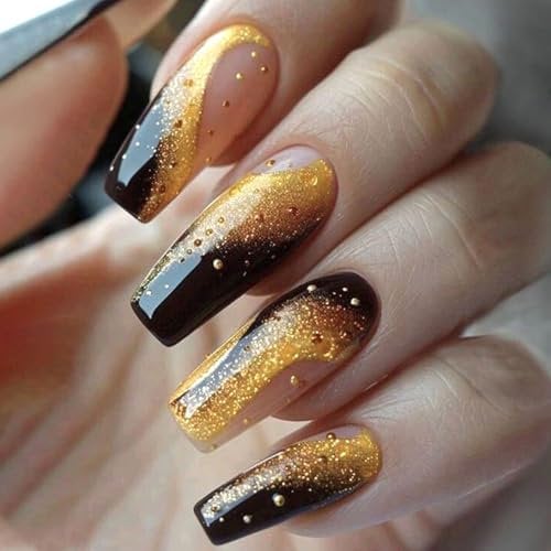 24 Pieces Black Gold Press On Nails Glitter Coffin Nails Square False Nails Full Cover Covers On Nails For Women False Nail