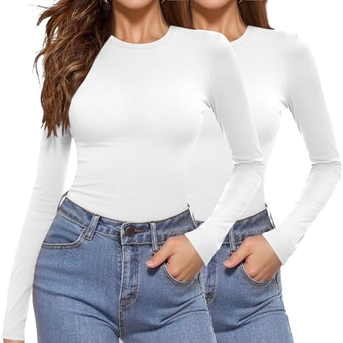 Aottori 2er Pack Langarmshirt Damen Rundhals Basic Top Slim Fit Elegant | Shirt Langarm, Oberteile Stretch, Unterziehshirt, Layer Tee, Casual, Figurbetont, Herbst, für Alltag Büro Freizeit
