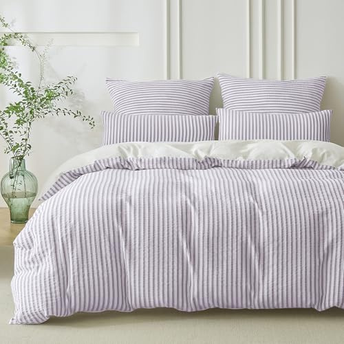 SOULFUL Bettwäsche 135x200 Baumwolle Gestreift Jacquard Oeko-TEX Violett | Gewaschene Baumwolle Boho Bettwäsche-Sets mit Reißverschluss Atmungsaktiv Enthält 1 Bettbezug 135x200 und 1 Kissenbezug 80x80