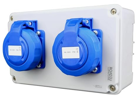 RoadEu – Steckdosenverteiler 2x Schuko 230V, Stromverteiler 16A IP67 Wasserdicht, Außensteckdose mit Abdeckung, Baustromverteiler für Indoor/Outdoor, Wandverteiler 230V