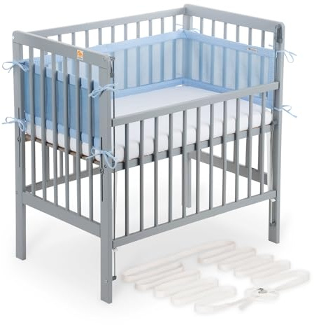 FabiMax Boxspring Baby Beistellbett Flex 90x55, aus Buchenholz grau lackiert, mit innovativem verstellbarem Seitengitter, passend für Boxspringbetten (Matratze Air, Blau)