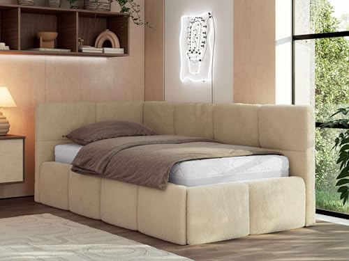 Jugendbett ARVO 90x200 cm mit Lattenrost und Bettkasten, Polsterbett mit gepolstertem Kopfteil und Gasdruckfedern, Eckbett mit Stauraum - mit Schaumstoffmatratze - Beige Plüsch - Linke Seite
