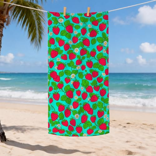 Erdbeer-Mikrofaser-Strandtuch, aqua-grün, floral, schnell trocknend, saugfähig, weich, sandfrei, leicht, Stranddecke, Urlaub, Pool, Fitnessstudio, Outdoor-Essentials 89,9 x 178,8 cm