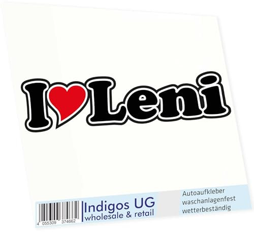 INDIGOS UG Auto Aufkleber I Love Leni 15 cm - Autoaufkleber - KFZ Sticker selbstklebend - für Motorrad, Fenster oder Heckscheibe - wetterfest & UV-beständig Sticker mit Namen von Mann Frau Kind