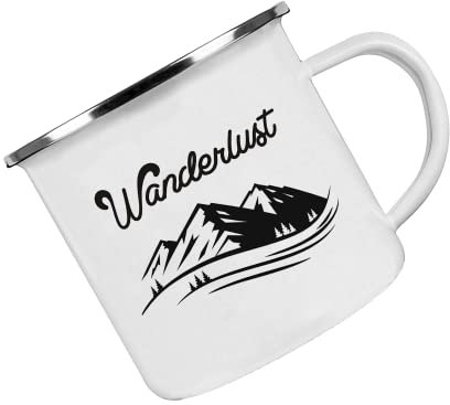 Crealuxe Emaille Tasse bedruckt 'Wanderlust', Becher mit Name und Spruch, Camping Tasse