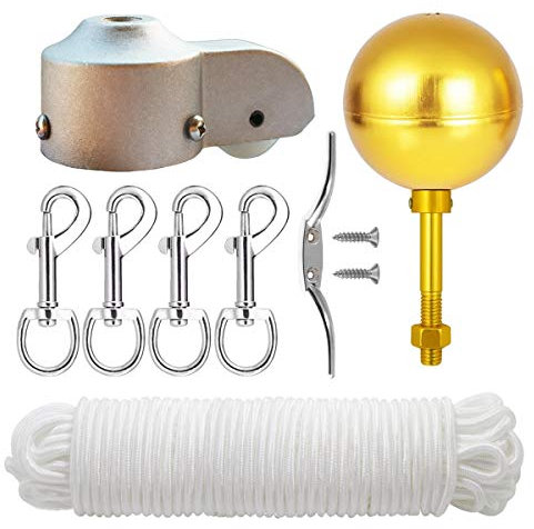 EKEV Flag Pole Hardware Parts Repair Kits - 3 Topper Gold Ball + 50 Ft Halyard Rope + 6 Cleat Hook + 4 Flag Swivel Snap Hooks + Flagpole Pulley Truck for 2 OD Tube