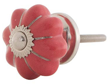 Knober Möbelknopf Kürbisform klein Keramik Porzellan Vintage Landhausstil Shabby-Chic 34 Ø klassisch edel verziert (Rot mit Silber Montur)