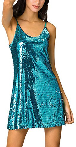 Allegra K Donna Vestito Lustrino Glitterato Brillante Mini Cinturino Regolabile per Festa Teal Blue XL