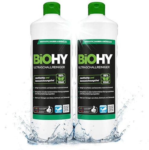 BiOHY Ultraschallreiniger (2 x 1 liter) | intensive und materialschonende Reinigung von Dentalprodukten, Gold, Münzen und Schmuck | KONZENTRAT für Ultraschallbad | streifenfreier Glanz