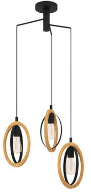 EGLO Pendelleuchte Basildon, 3 flammige Hängelampe Vintage, Industrial, Retro, Hängeleuchte aus Stahl und Holz in Schwarz, Natur, Esstischlampe, Wohnzimmerlampe hängend mit E27 Fassung, Ø 61,5 cm