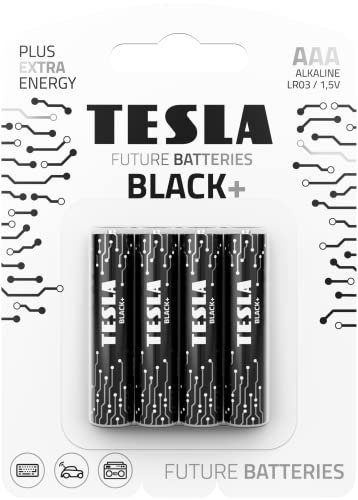 Tesla Batterie alcaline Black+ AAA Maximum Power, 10 anni di durata, a lunga durata, senza perdite, 4 pezzi [confezione da 1]