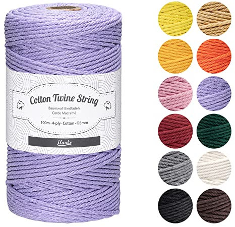 Makramee Baumwolle Garn,ilauke 3mm x 100m Kordel,Baumwollkordel 4-lagig Baumwollgarn Baumwollschnur Makramee Super für Anfänger,Gartenarbeit,Kochen,Basteln und Mehr DIY Dekoration,Violett