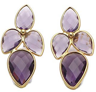 Regalo per lei fatto a mano viola ametista gemma orecchino | placcato oro a forma di pera lunetta set orecchini push back gioielli 1219) 4, 10x14 MM, Ottone, Ametista